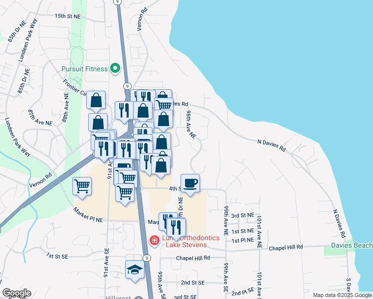 map of restaurants, bars, coffee shops, grocery stores, and more near 528 97th Drive Northeast in Lake Stevens