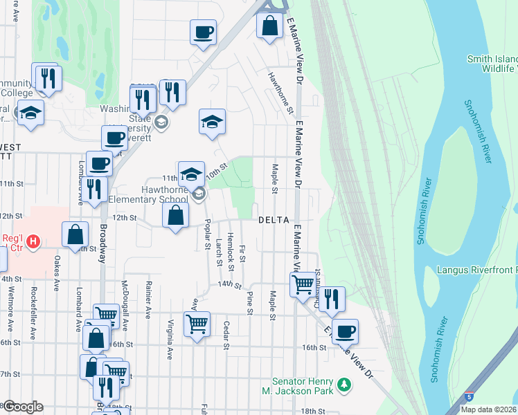 map of restaurants, bars, coffee shops, grocery stores, and more near 1131 Pine Street in Everett