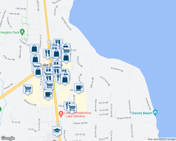 map of restaurants, bars, coffee shops, grocery stores, and more near 9725 6th Place Northeast in Lake Stevens