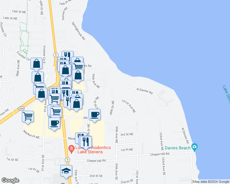 map of restaurants, bars, coffee shops, grocery stores, and more near 623 98th Drive Northeast in Lake Stevens