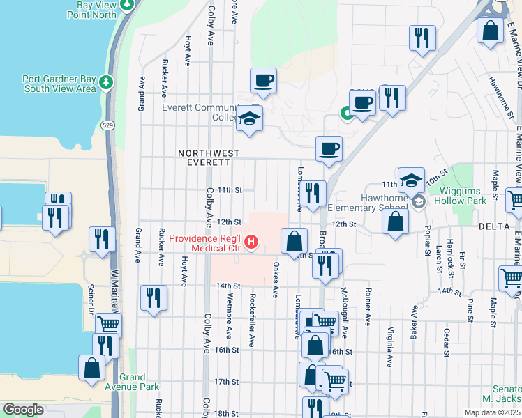 map of restaurants, bars, coffee shops, grocery stores, and more near 1815 13th Street in Everett