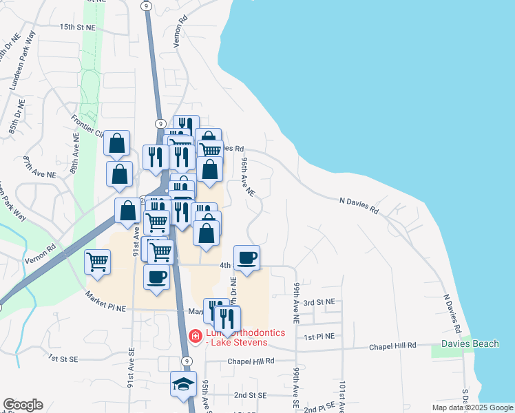 map of restaurants, bars, coffee shops, grocery stores, and more near 9631 6th Place Northeast in Lake Stevens