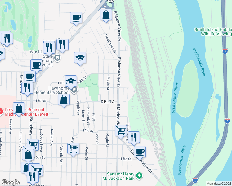 map of restaurants, bars, coffee shops, grocery stores, and more near 1112 East Marine View Drive in Everett