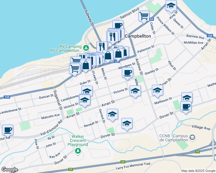 map of restaurants, bars, coffee shops, grocery stores, and more near Minto Street in Campbellton