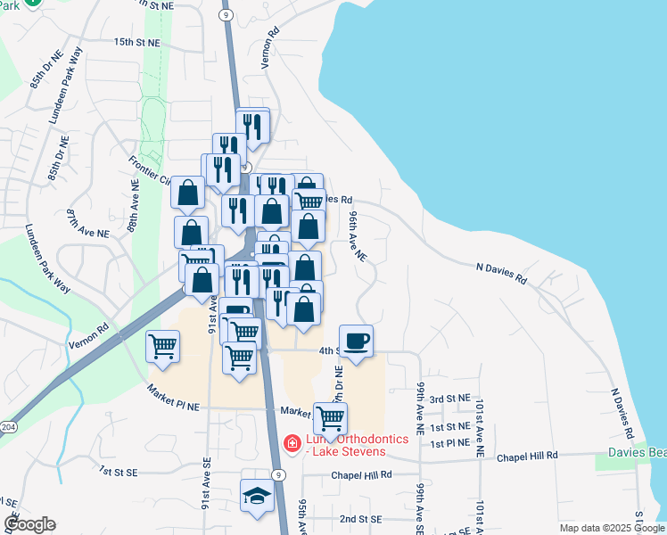map of restaurants, bars, coffee shops, grocery stores, and more near 800 96th Avenue Northeast in Lake Stevens