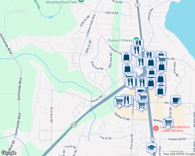 map of restaurants, bars, coffee shops, grocery stores, and more near 704 87th Avenue Northeast in Lake Stevens