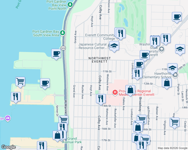 map of restaurants, bars, coffee shops, grocery stores, and more near 1102 Hoyt Avenue in Everett