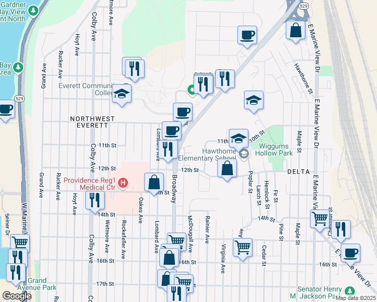 map of restaurants, bars, coffee shops, grocery stores, and more near 1031 North Broadway Avenue in Everett
