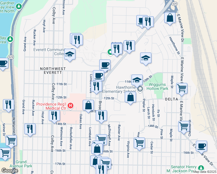 map of restaurants, bars, coffee shops, grocery stores, and more near 1031 North Broadway Avenue in Everett