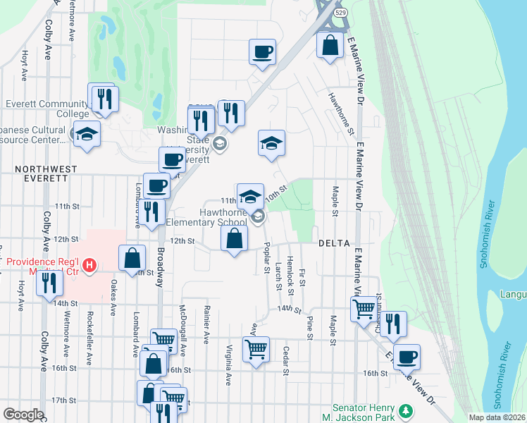 map of restaurants, bars, coffee shops, grocery stores, and more near 2620 10th Street in Everett