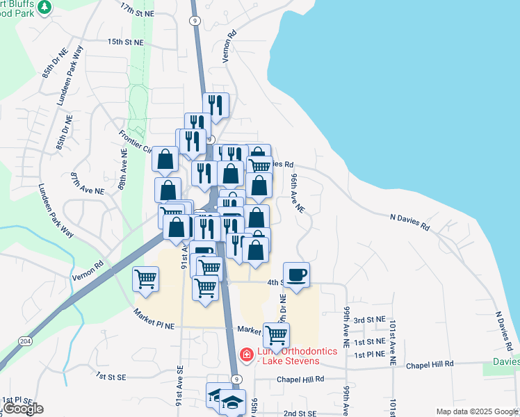 map of restaurants, bars, coffee shops, grocery stores, and more near 709a 9th Street Northeast in Lake Stevens