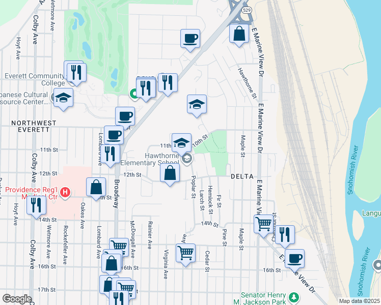 map of restaurants, bars, coffee shops, grocery stores, and more near 2620 10th Street in Everett