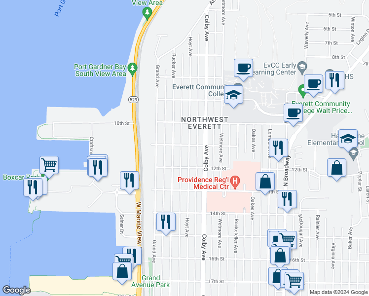 map of restaurants, bars, coffee shops, grocery stores, and more near 1102 Hoyt Avenue in Everett