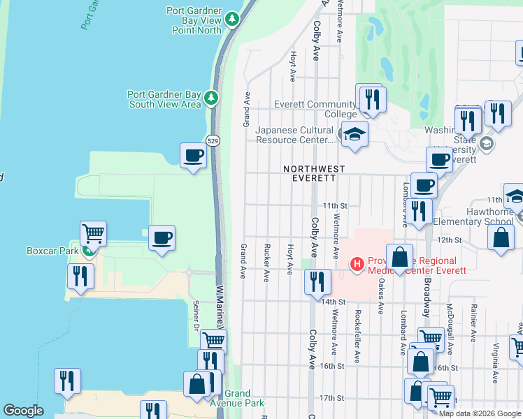 map of restaurants, bars, coffee shops, grocery stores, and more near 1102 Rucker Avenue in Everett