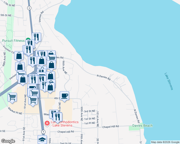 map of restaurants, bars, coffee shops, grocery stores, and more near 10003 N Davies Rd in Lake Stevens
