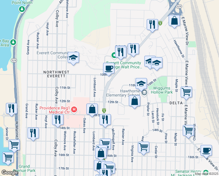 map of restaurants, bars, coffee shops, grocery stores, and more near 1031 North Broadway Avenue in Everett