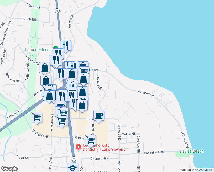 map of restaurants, bars, coffee shops, grocery stores, and more near 728 97th Drive Northeast in Lake Stevens