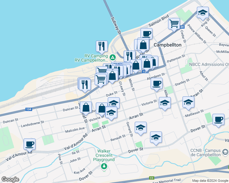 map of restaurants, bars, coffee shops, grocery stores, and more near 11 Duke Street in Campbellton