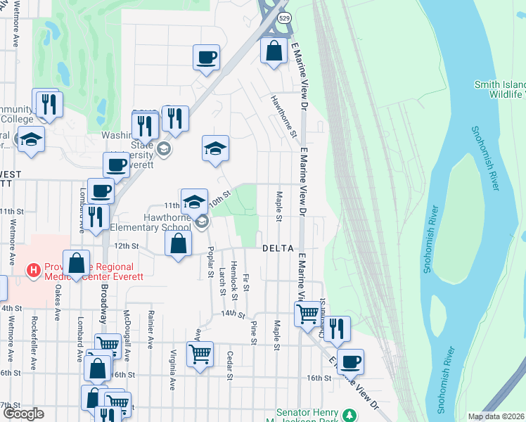 map of restaurants, bars, coffee shops, grocery stores, and more near 1015 Pine St in Everett