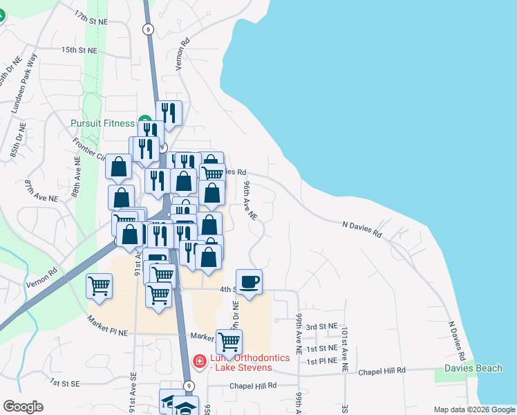 map of restaurants, bars, coffee shops, grocery stores, and more near 9708 8th Street Northeast in Lake Stevens