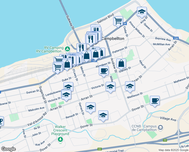map of restaurants, bars, coffee shops, grocery stores, and more near 14 Dufferin Street in Campbellton