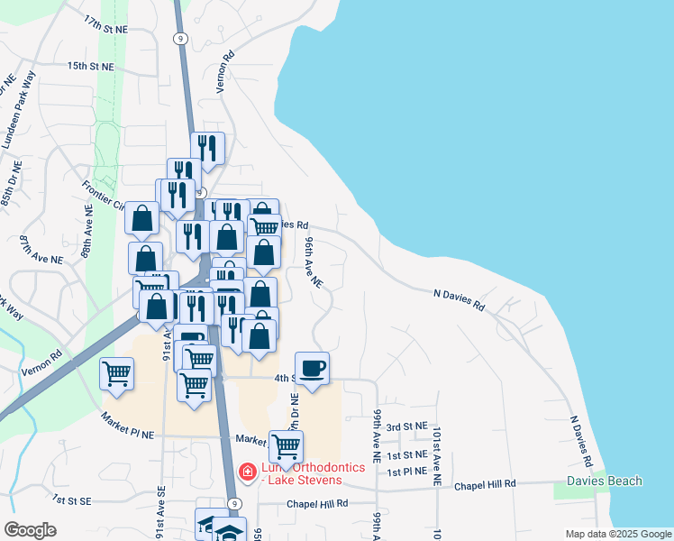 map of restaurants, bars, coffee shops, grocery stores, and more near 728 97th Drive Northeast in Lake Stevens
