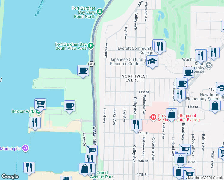 map of restaurants, bars, coffee shops, grocery stores, and more near 1102 Rucker Avenue in Everett