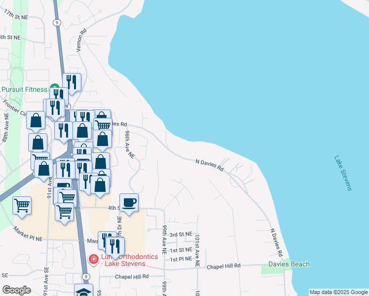 map of restaurants, bars, coffee shops, grocery stores, and more near 10005 North Davies Road in Lake Stevens