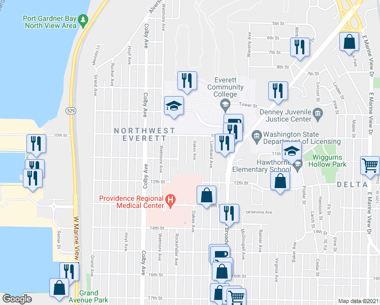 map of restaurants, bars, coffee shops, grocery stores, and more near 1033 Oakes Avenue in Everett