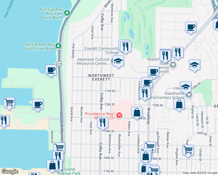 map of restaurants, bars, coffee shops, grocery stores, and more near 1028 Wetmore Avenue in Everett