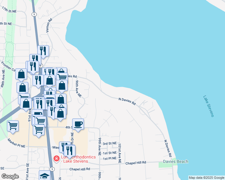 map of restaurants, bars, coffee shops, grocery stores, and more near 10005 North Davies Road in Lake Stevens