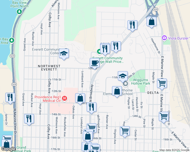 map of restaurants, bars, coffee shops, grocery stores, and more near 1031 North Broadway Avenue in Everett