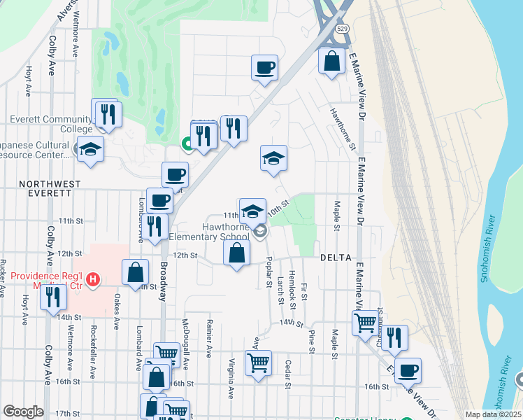map of restaurants, bars, coffee shops, grocery stores, and more near 2415 11th Street in Everett