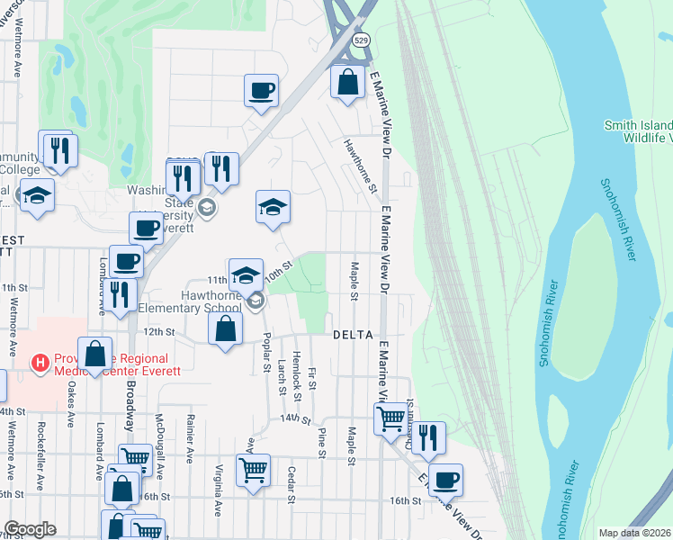map of restaurants, bars, coffee shops, grocery stores, and more near 1007 Pine Street in Everett