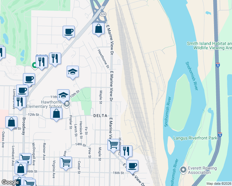 map of restaurants, bars, coffee shops, grocery stores, and more near 1001 East Marine View Drive in Everett