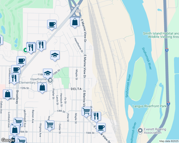 map of restaurants, bars, coffee shops, grocery stores, and more near 1001 East Marine View Drive in Everett