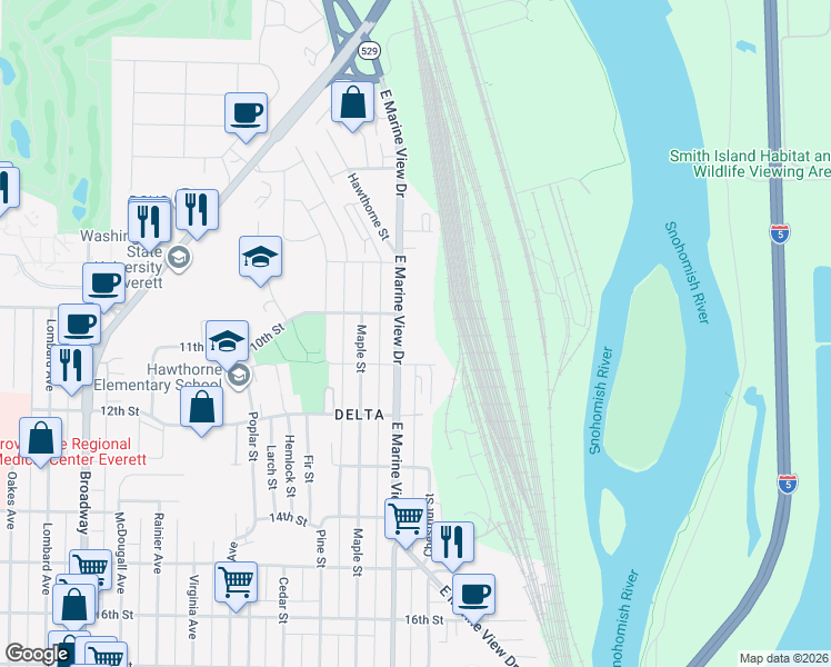 map of restaurants, bars, coffee shops, grocery stores, and more near 1001 East Marine View Drive in Everett