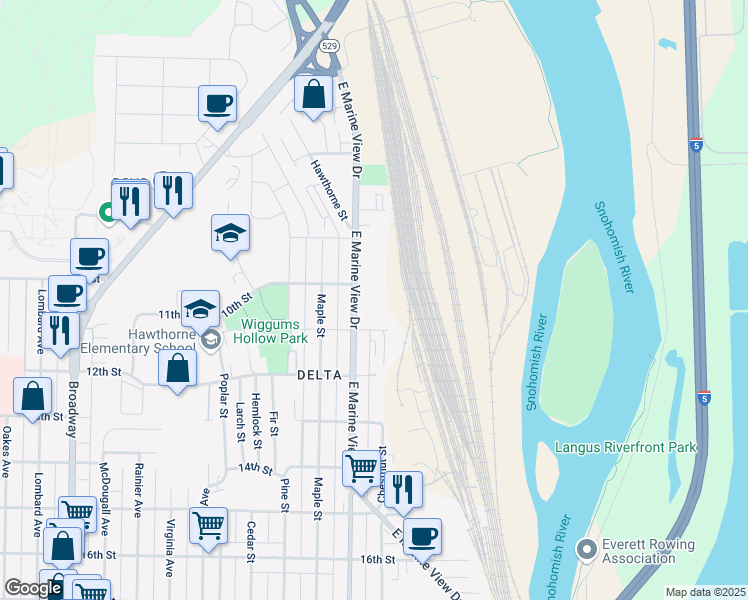 map of restaurants, bars, coffee shops, grocery stores, and more near 1001 East Marine View Drive in Everett