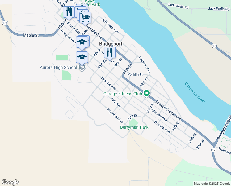 map of restaurants, bars, coffee shops, grocery stores, and more near 1717 Fisk Avenue in Bridgeport
