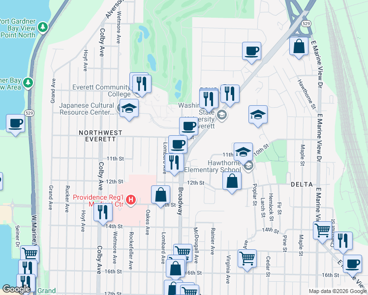 map of restaurants, bars, coffee shops, grocery stores, and more near 1031 North Broadway Avenue in Everett