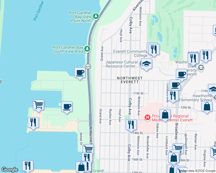 map of restaurants, bars, coffee shops, grocery stores, and more near 1102 Rucker Avenue in Everett
