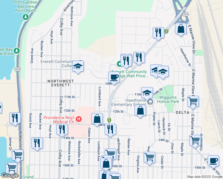 map of restaurants, bars, coffee shops, grocery stores, and more near 1031 North Broadway Avenue in Everett
