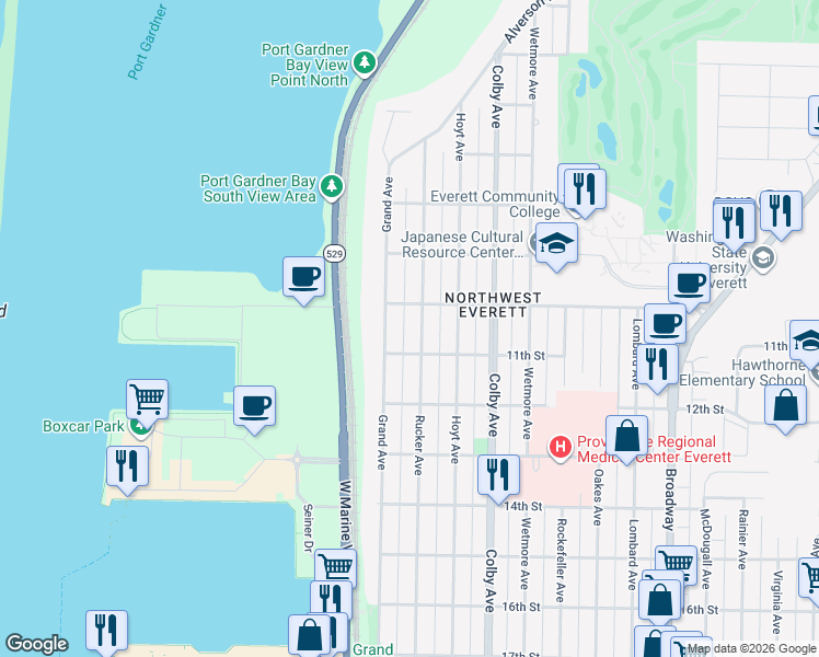 map of restaurants, bars, coffee shops, grocery stores, and more near 1102 Rucker Avenue in Everett