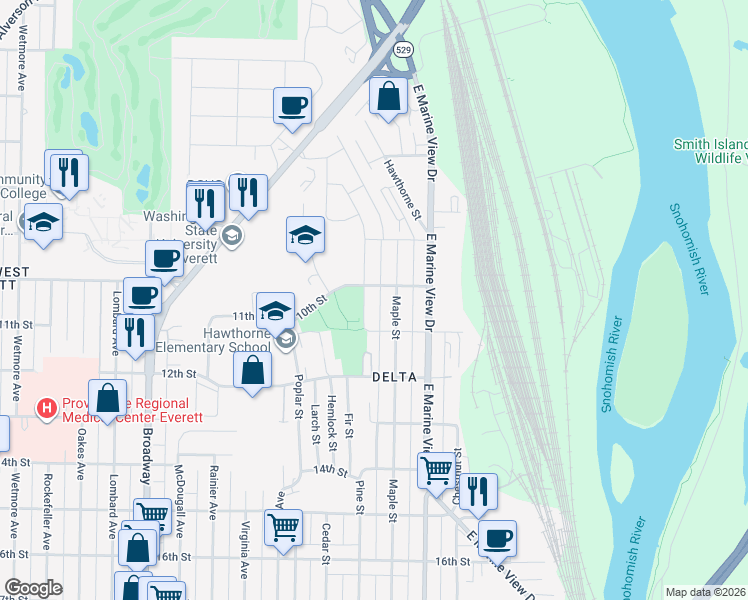 map of restaurants, bars, coffee shops, grocery stores, and more near 1015 Pine Street in Everett