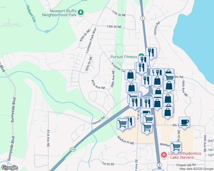 map of restaurants, bars, coffee shops, grocery stores, and more near 8703 8th Place Northeast in Lake Stevens