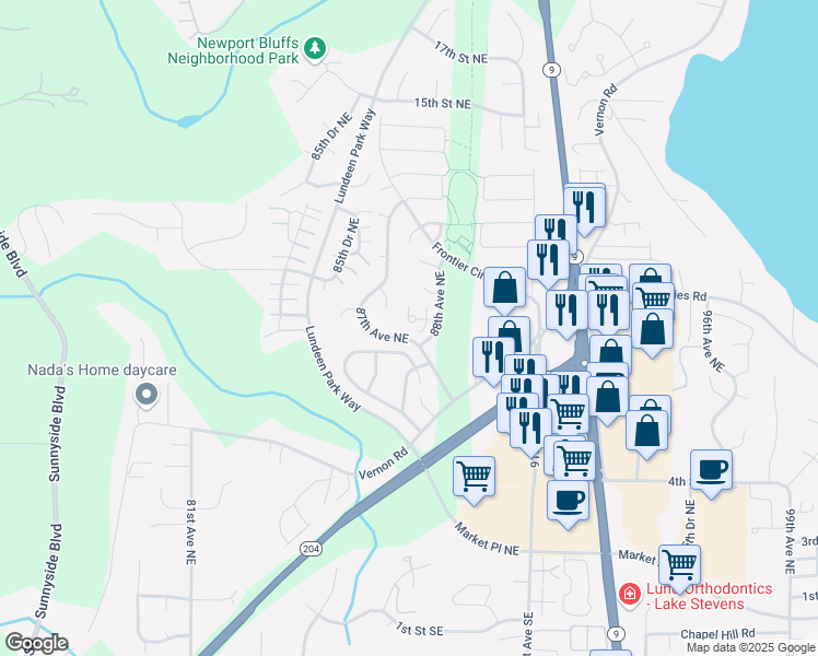 map of restaurants, bars, coffee shops, grocery stores, and more near 8703 8th Place Northeast in Lake Stevens
