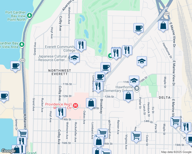 map of restaurants, bars, coffee shops, grocery stores, and more near 1009 Lombard Avenue in Everett