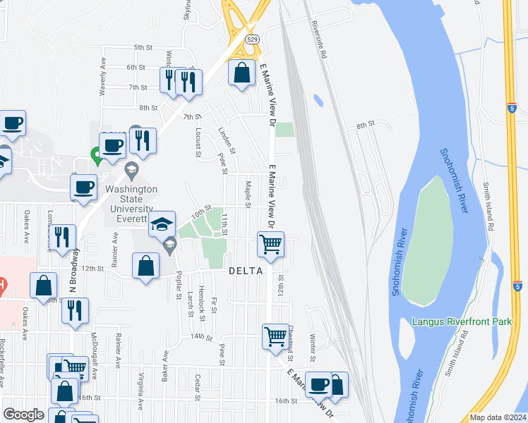 map of restaurants, bars, coffee shops, grocery stores, and more near 923 Maple Street in Everett