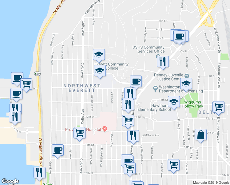 map of restaurants, bars, coffee shops, grocery stores, and more near 1001 Oakes Avenue in Everett