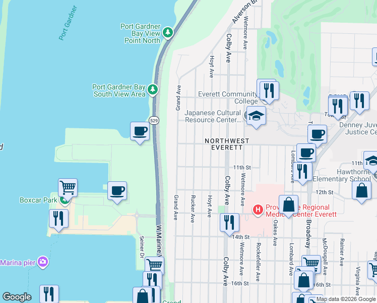 map of restaurants, bars, coffee shops, grocery stores, and more near 932 Rucker Avenue in Everett